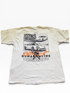 Almost Famous White Graphic Racing Tee with Orange Script